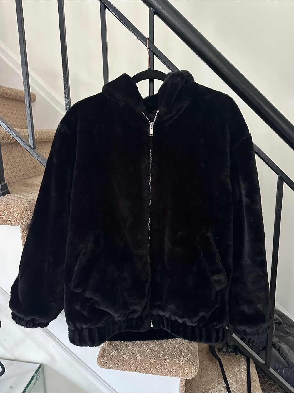 Black faux fur hooded jacket